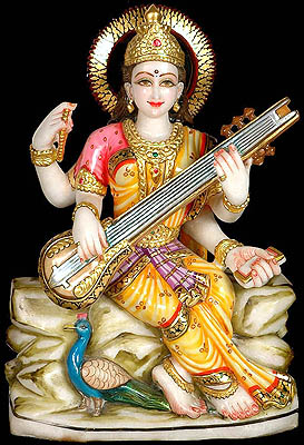 Saraswati: Goddess of Learning and Art with Peacock