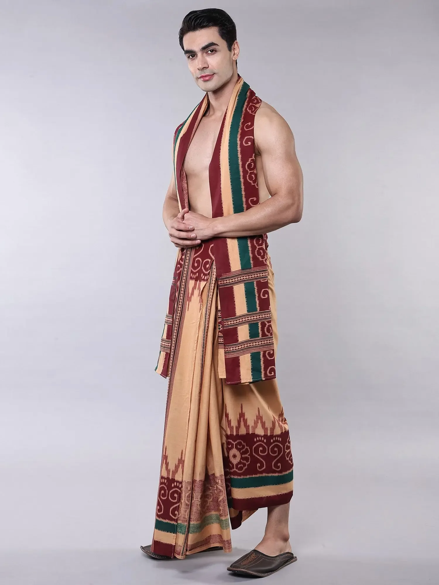 Cotton Temple Border Dhoti and Angavastram Set with Printed Ikat Pattern from Sambalpur, alternate view