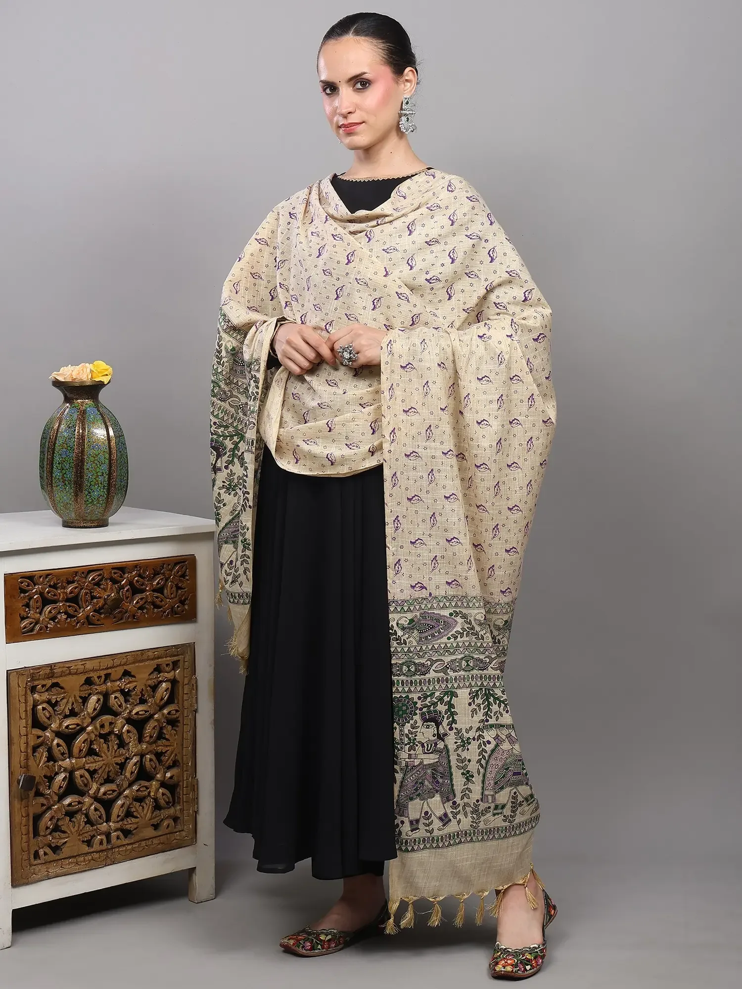 Khadi Beige Dupatta with Madhubani Art from Bihar, alternate view