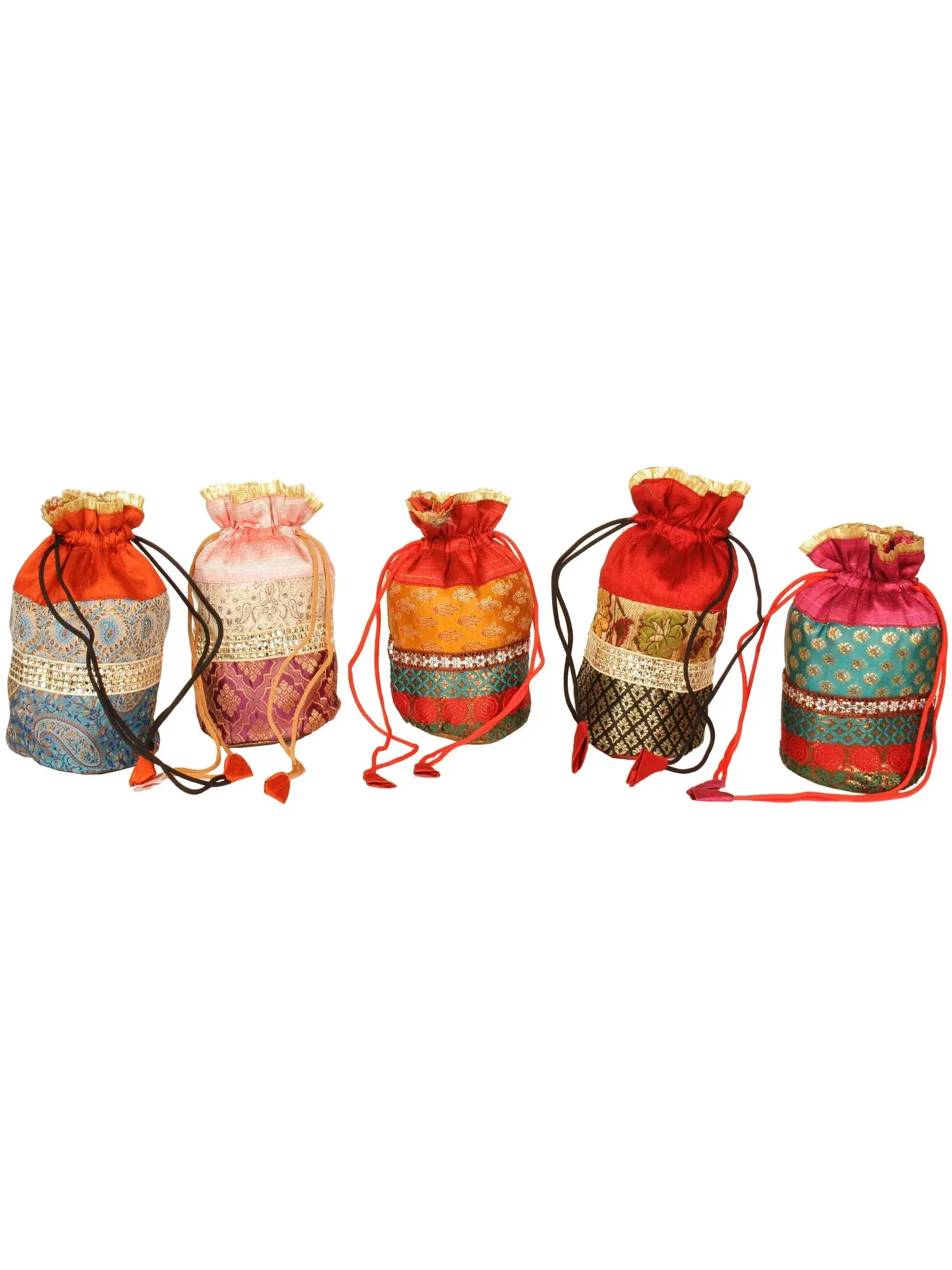 Lot of Five Drawstring Potli Bags with Brocade Weave