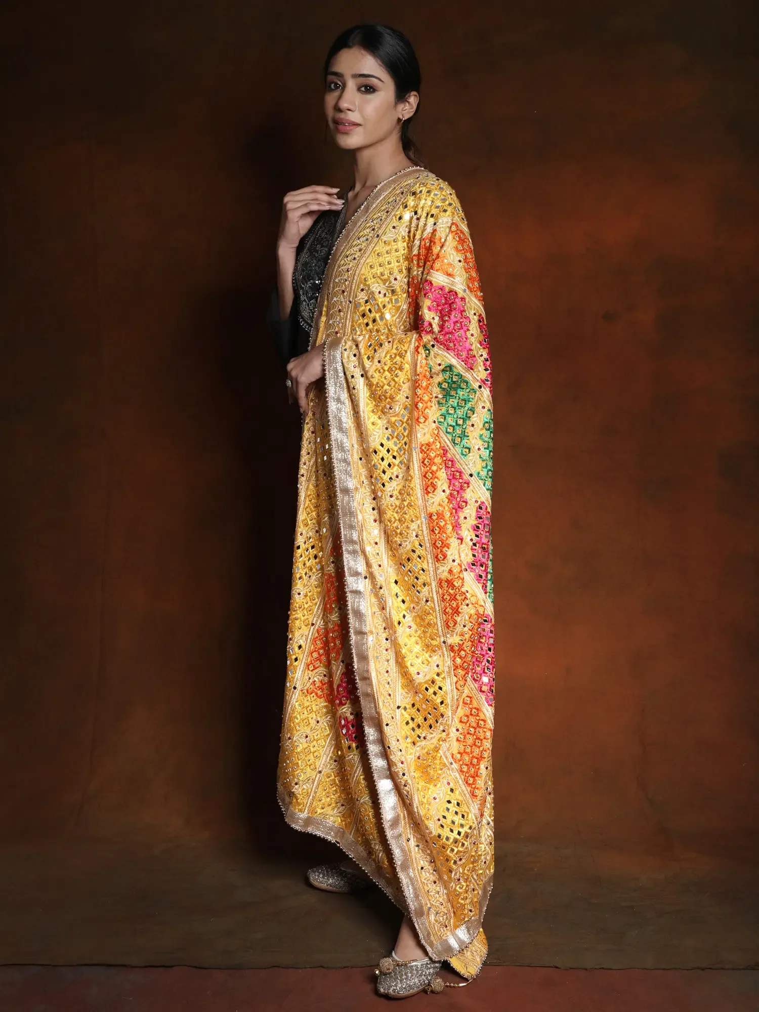 Phulkari Embroidered Dupatta from Punjab with Mirrors and Gota Patti Border